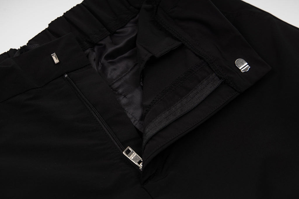 Prada black pants with zip fly, metal button, and front welt pockets