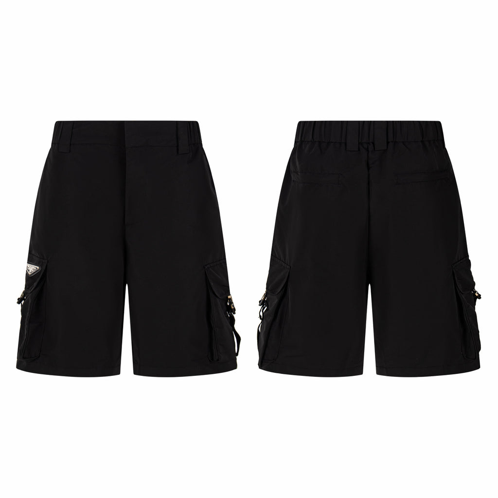 Black cargo shorts, front and back views, with flap side pockets