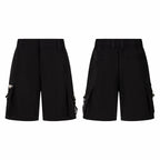 Black cargo shorts, front and back views, with flap side pockets