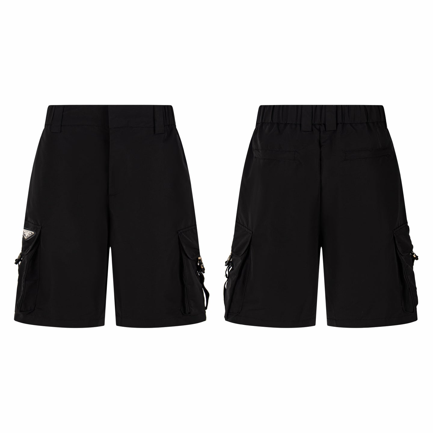 Black cargo shorts, front and back views, with flap side pockets