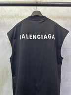 Dark sleeveless top with large BALENCIAGA back logo and crew neckline