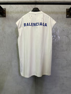 White short-sleeve T-shirt with blue BALENCIAGA text on the back