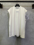 White short-sleeve T-shirt with blue BALENCIAGA logo at the chest