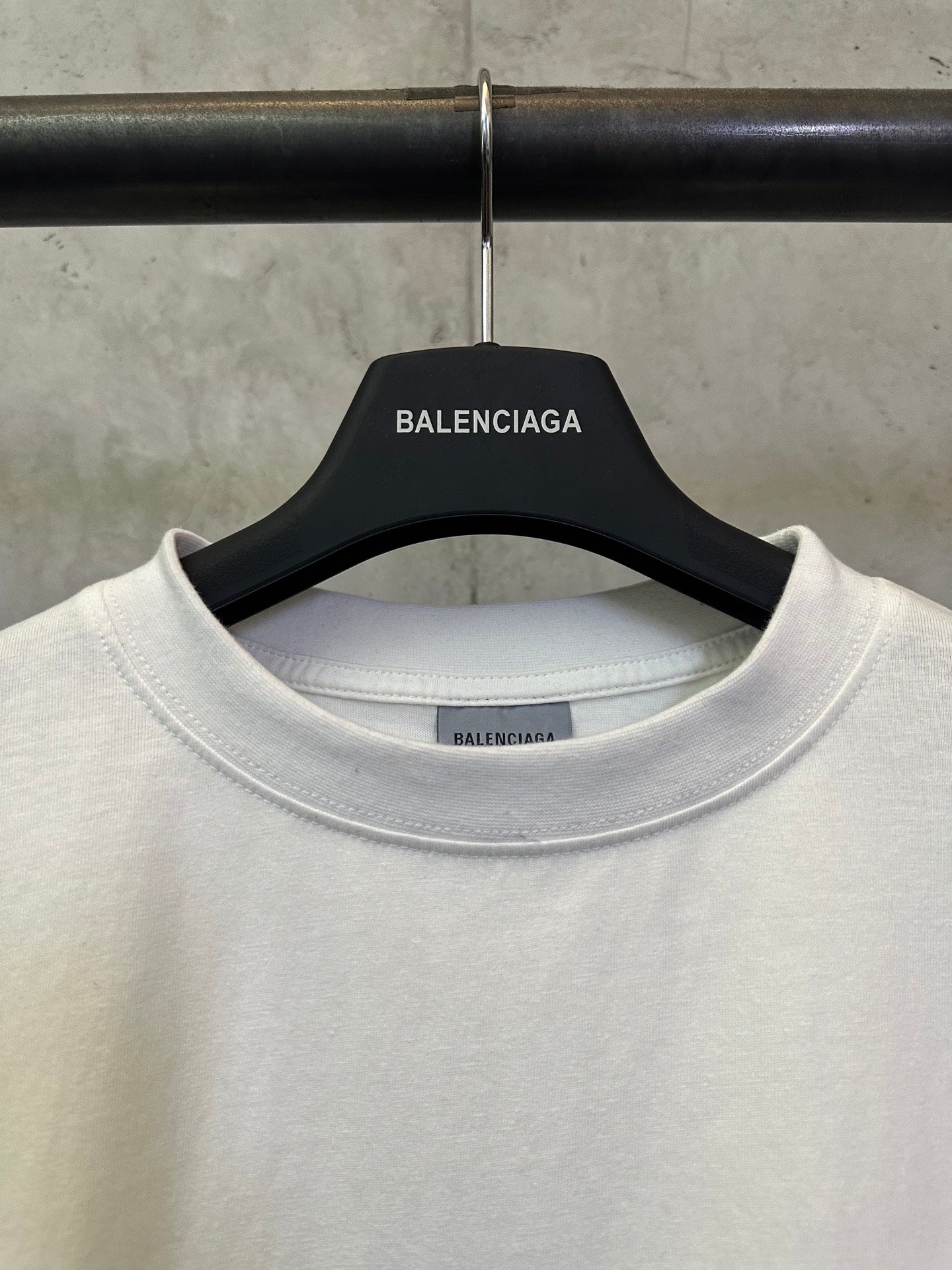 White crewneck T-shirt neckline with inner Balenciaga label
