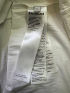 White T-shirt care label with Balenciaga branding and size L
