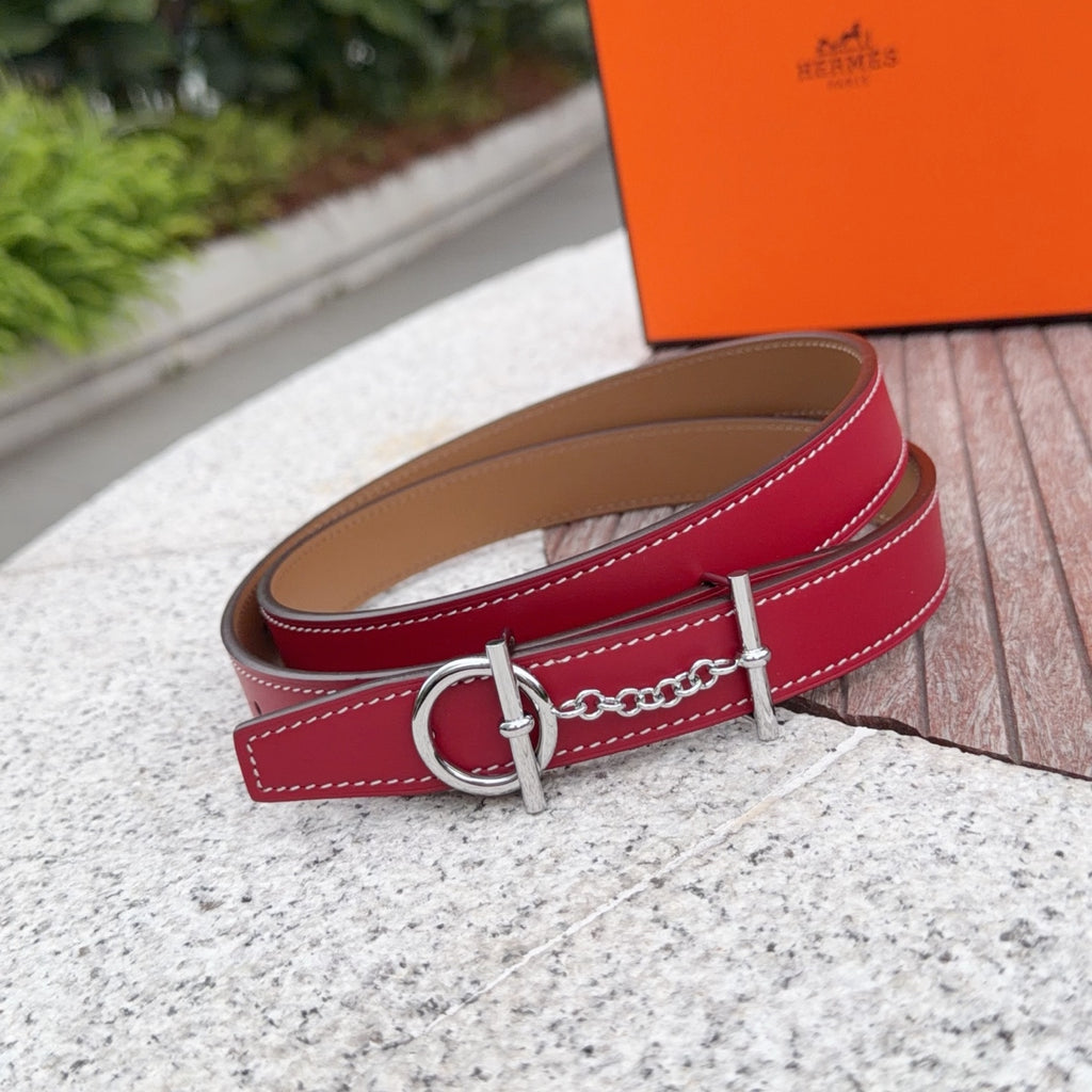 Hermes belt with burgundy leather strap, silver buckle, chain and double stitching