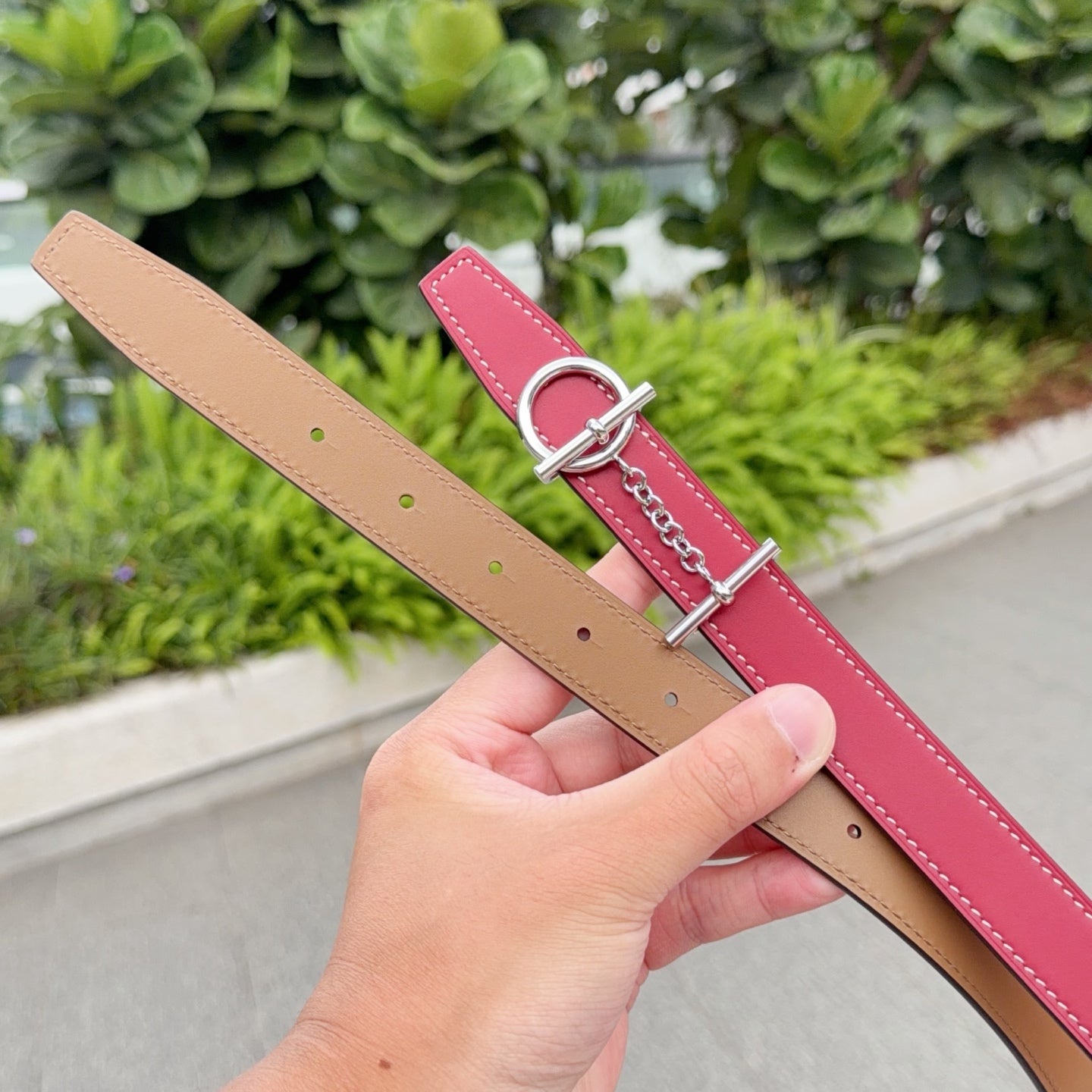 Hermes belt with tan leather strap and burgundy trim, silver ring buckle