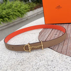 Hermes leather belt in tan with gold buckle and adjustable hole row