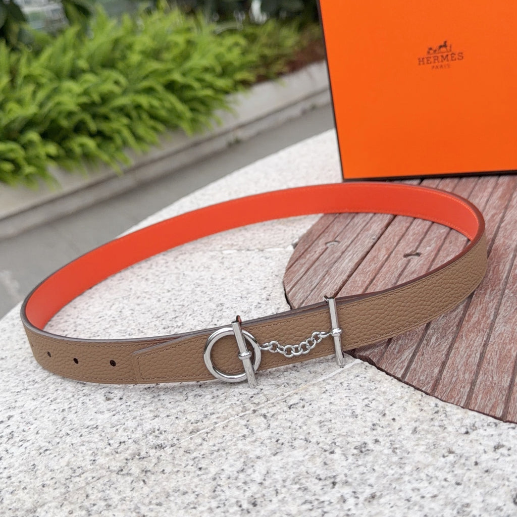 Hermes leather belt, tan with orange inner edge and silver double ring buckle