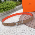 Hermes leather belt, tan with orange inner edge and silver double ring buckle