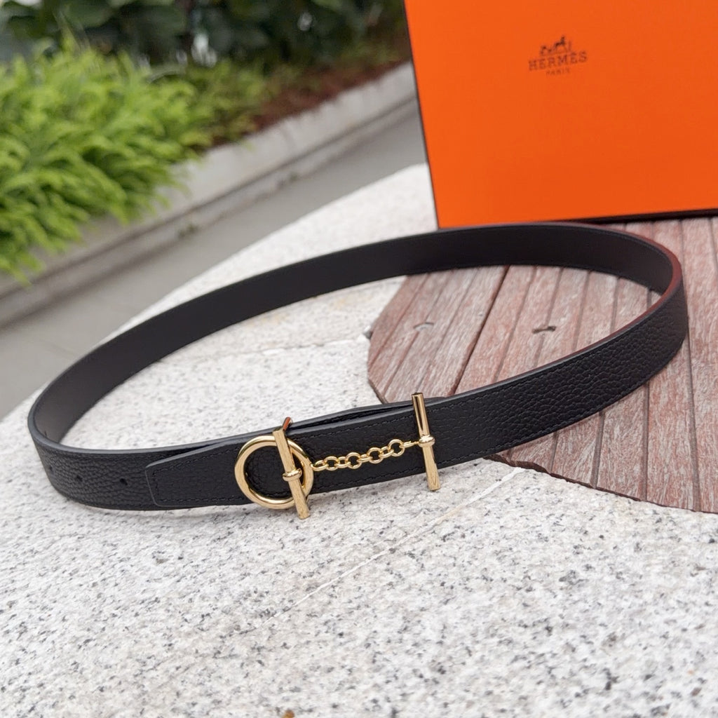 Black leather belt with gold-tone buckle and chain detail