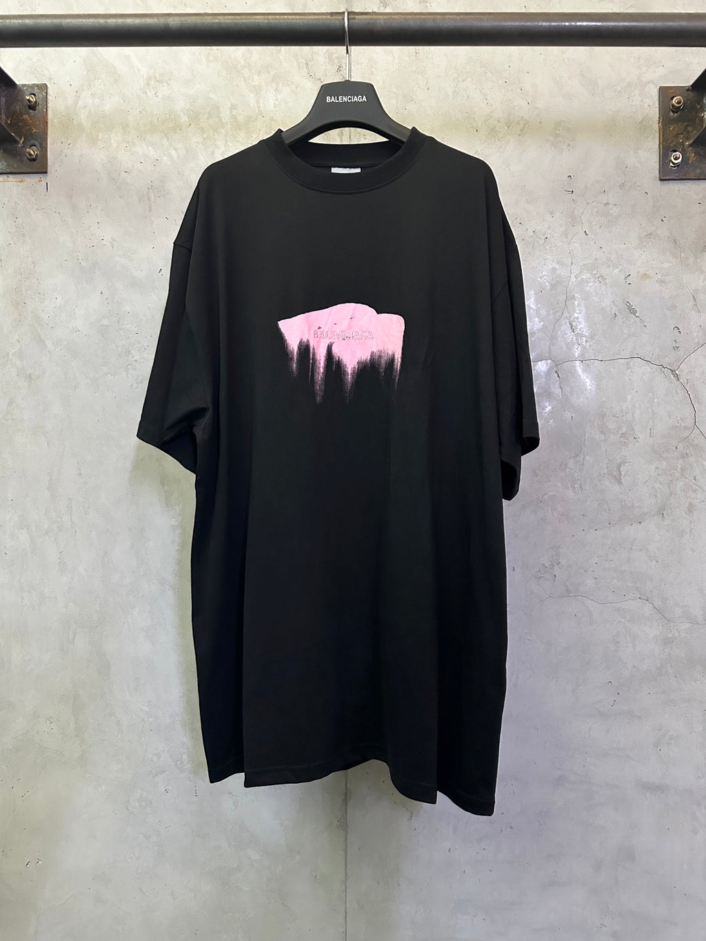 Balenciaga black crewneck T-shirt with pink graphic front