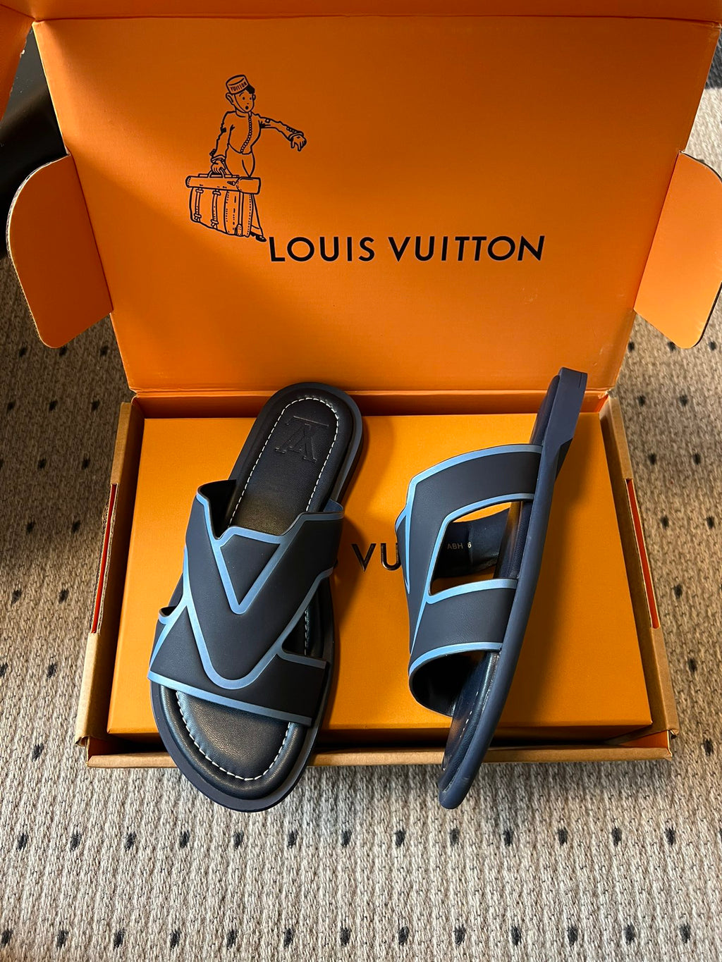 Louis Vuitton slide sandals, black with light blue straps, one shown upright