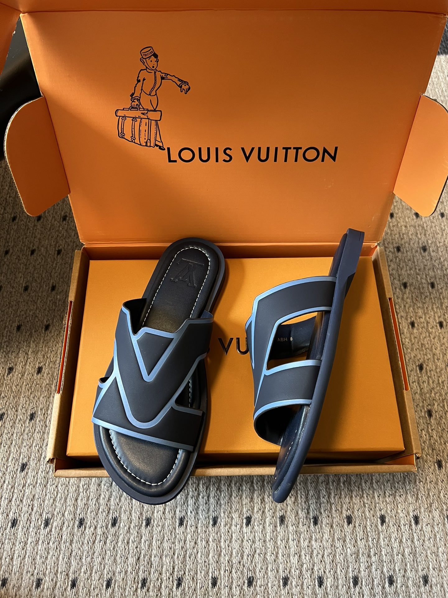 Louis Vuitton slide sandals, black with light blue straps, one shown upright