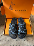 Louis Vuitton slide sandals, black with light blue V logo straps
