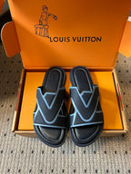 Louis Vuitton slide sandals, black with light blue V logo straps