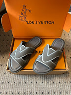 Louis Vuitton slide sandals, dark gray with white V-style straps, in box