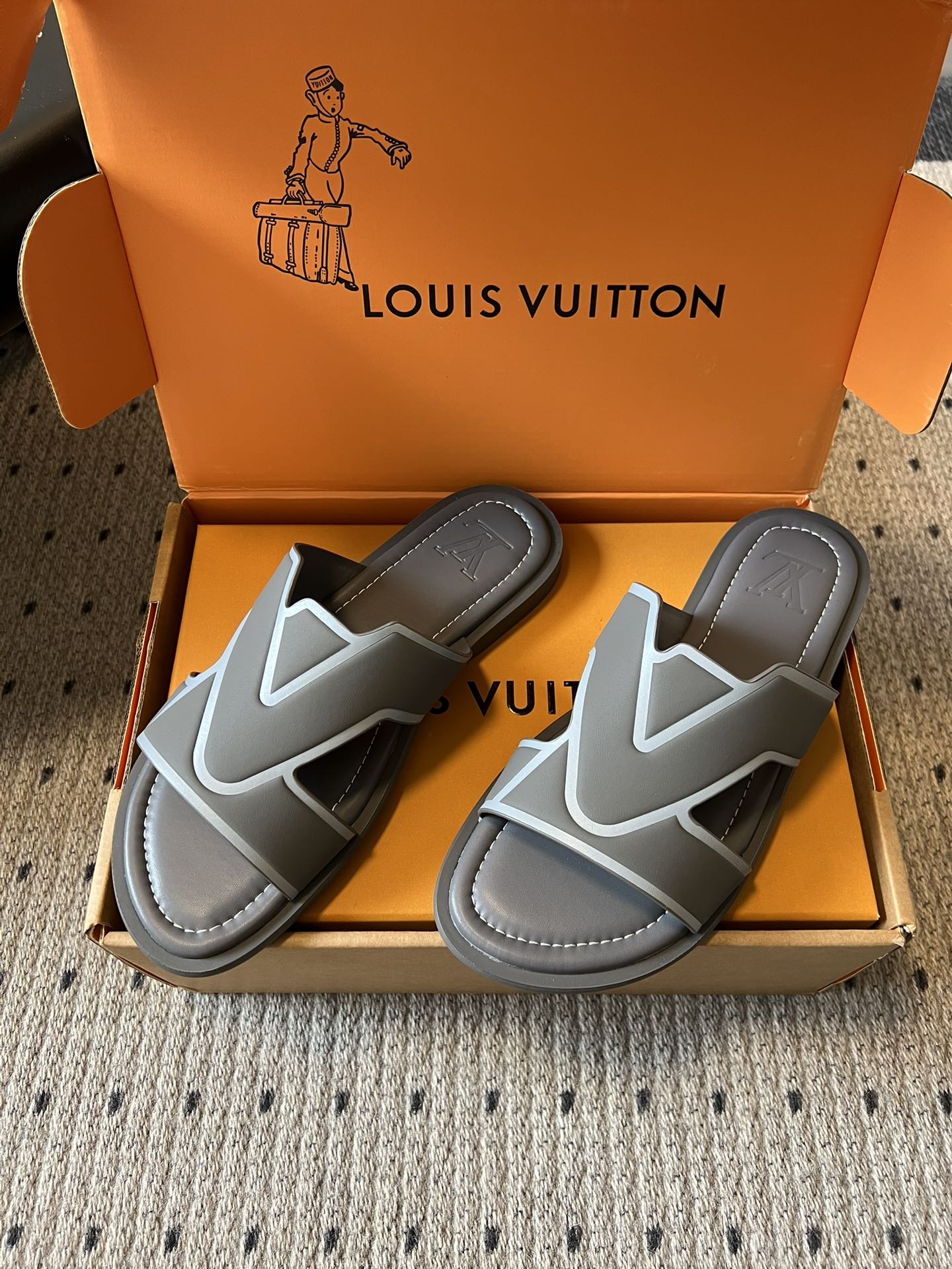 Louis Vuitton slide sandals, dark gray with white V-style straps, in box
