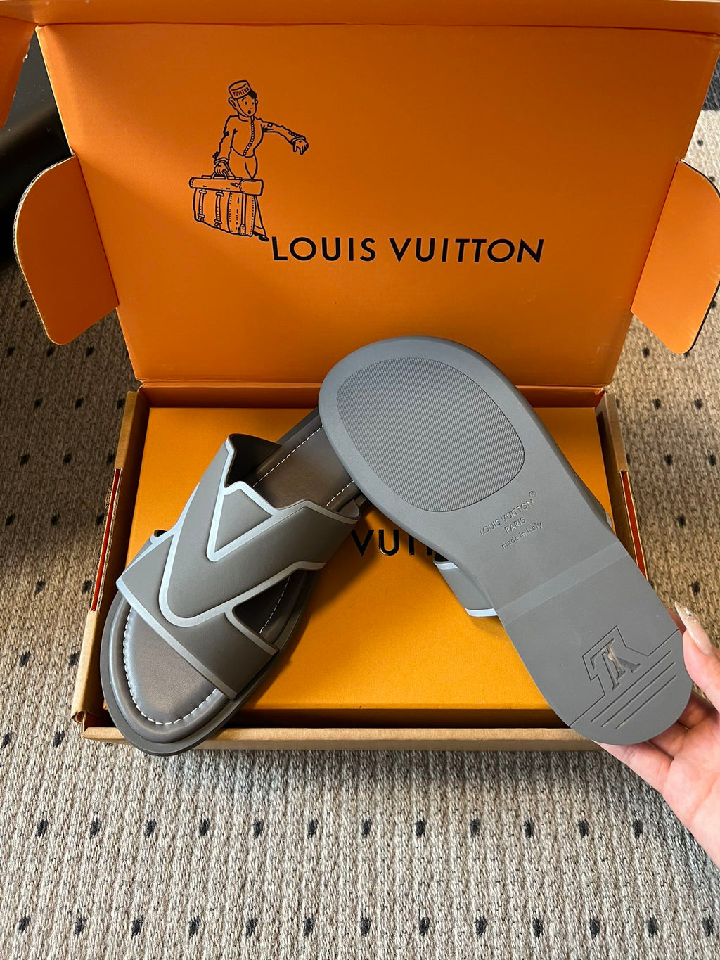 Louis Vuitton slide sandals with dust cover, dark gray with light gray straps