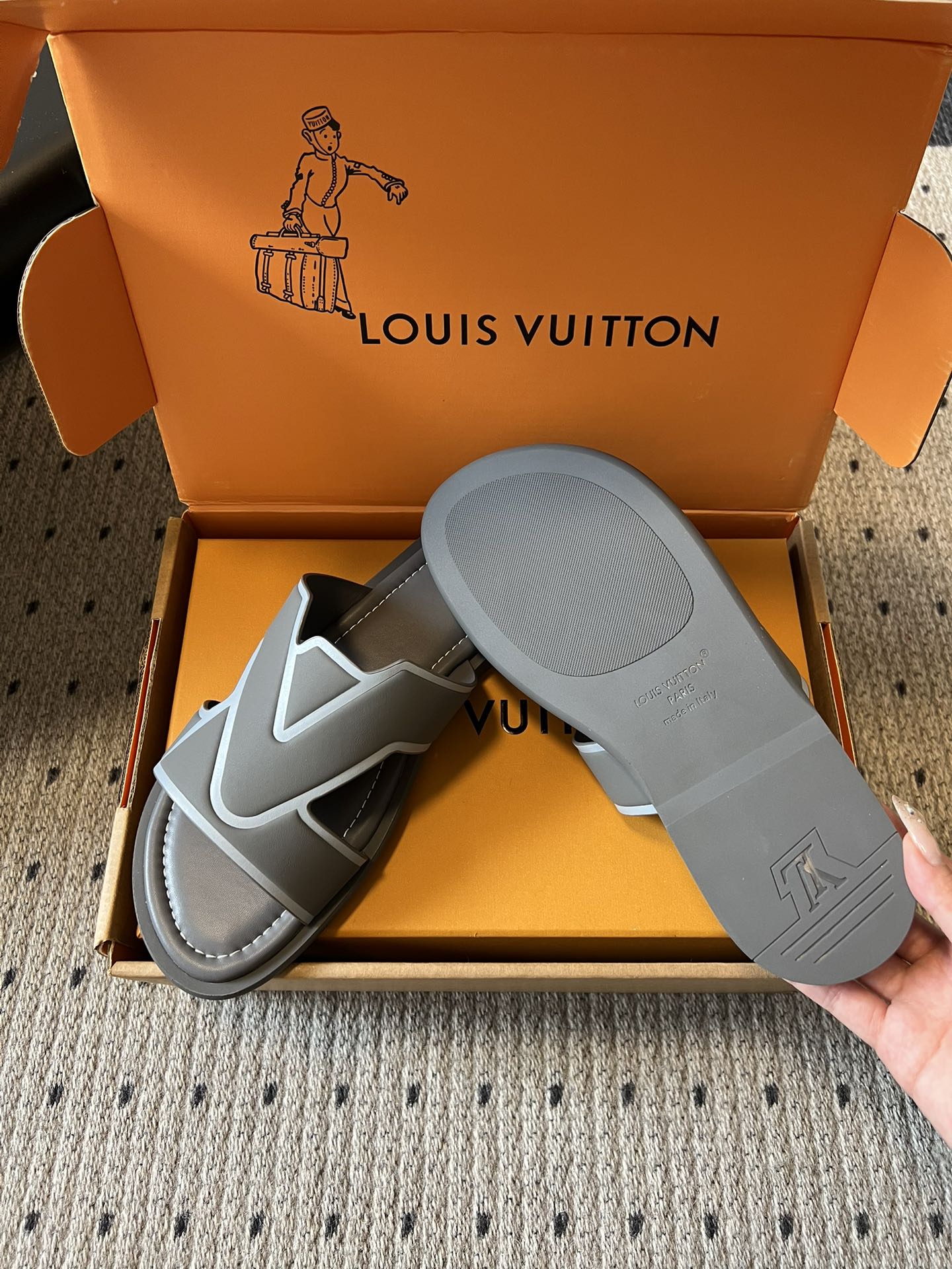 Louis Vuitton slide sandals with dust cover, dark gray with light gray straps