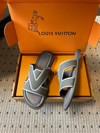Louis Vuitton slide sandals, dark gray and light gray straps, pair in shoe box