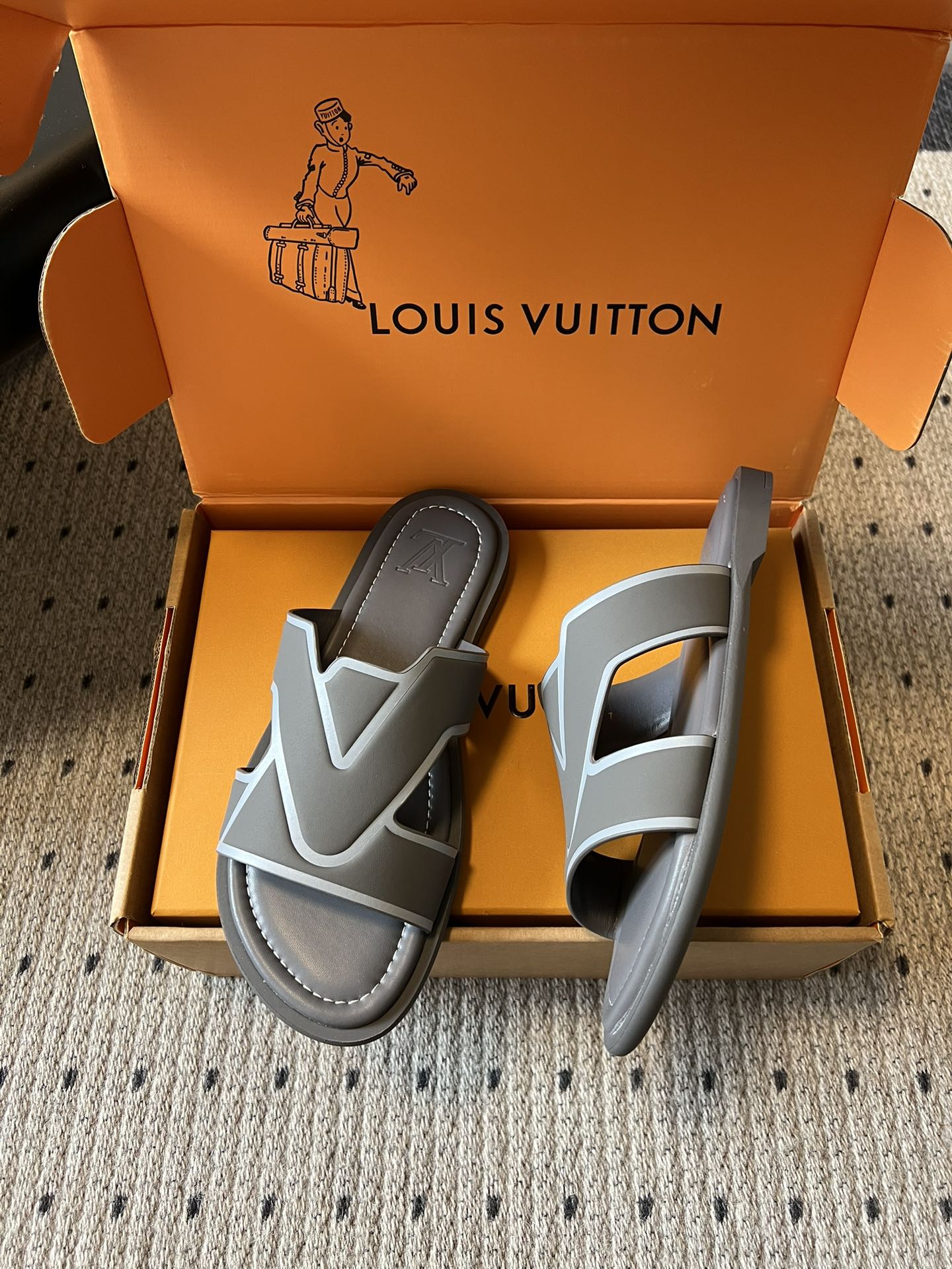 Louis Vuitton slide sandals, dark gray and light gray straps, pair in shoe box