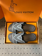 Louis Vuitton slide sandals, dark gray slide footbeds with stitched details, boxed