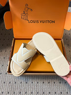 Cream slide sandals with V straps and thick sole, in box, Louis Vuitton