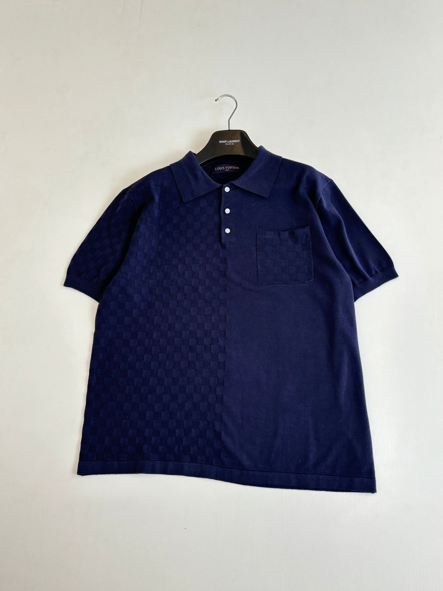 Louis Vuitton dark navy short-sleeve polo shirt with chest pocket and textured pattern