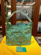 Green lattice-print tote with two top handles and matching pouch included