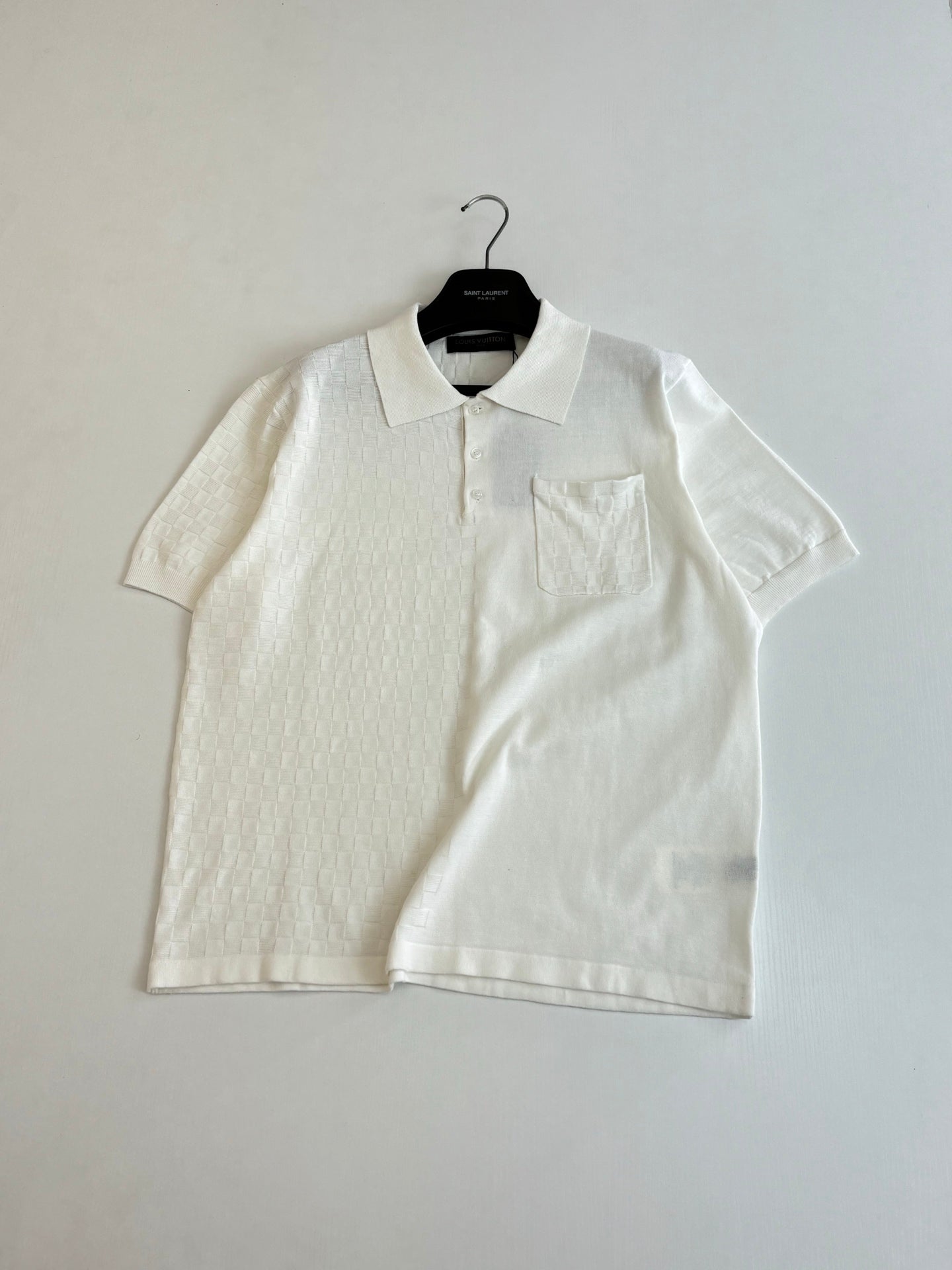 White short-sleeve polo shirt with open collar and button front