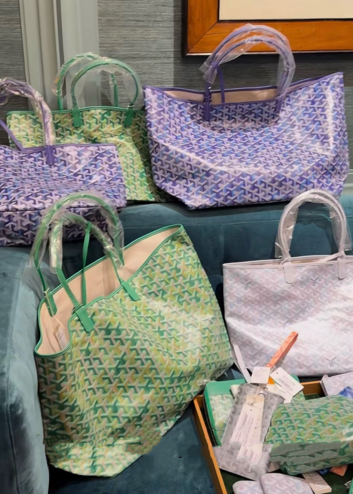 Assorted patterned tote bags in green, lavender, and pink