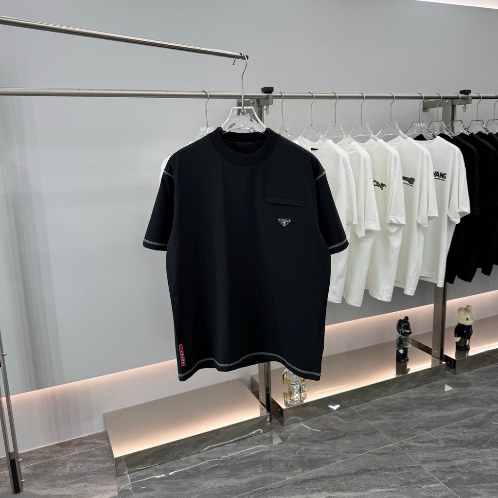 Prada short-sleeve T-shirt, dark navy, crew neck, chest pocket, triangular logo patch