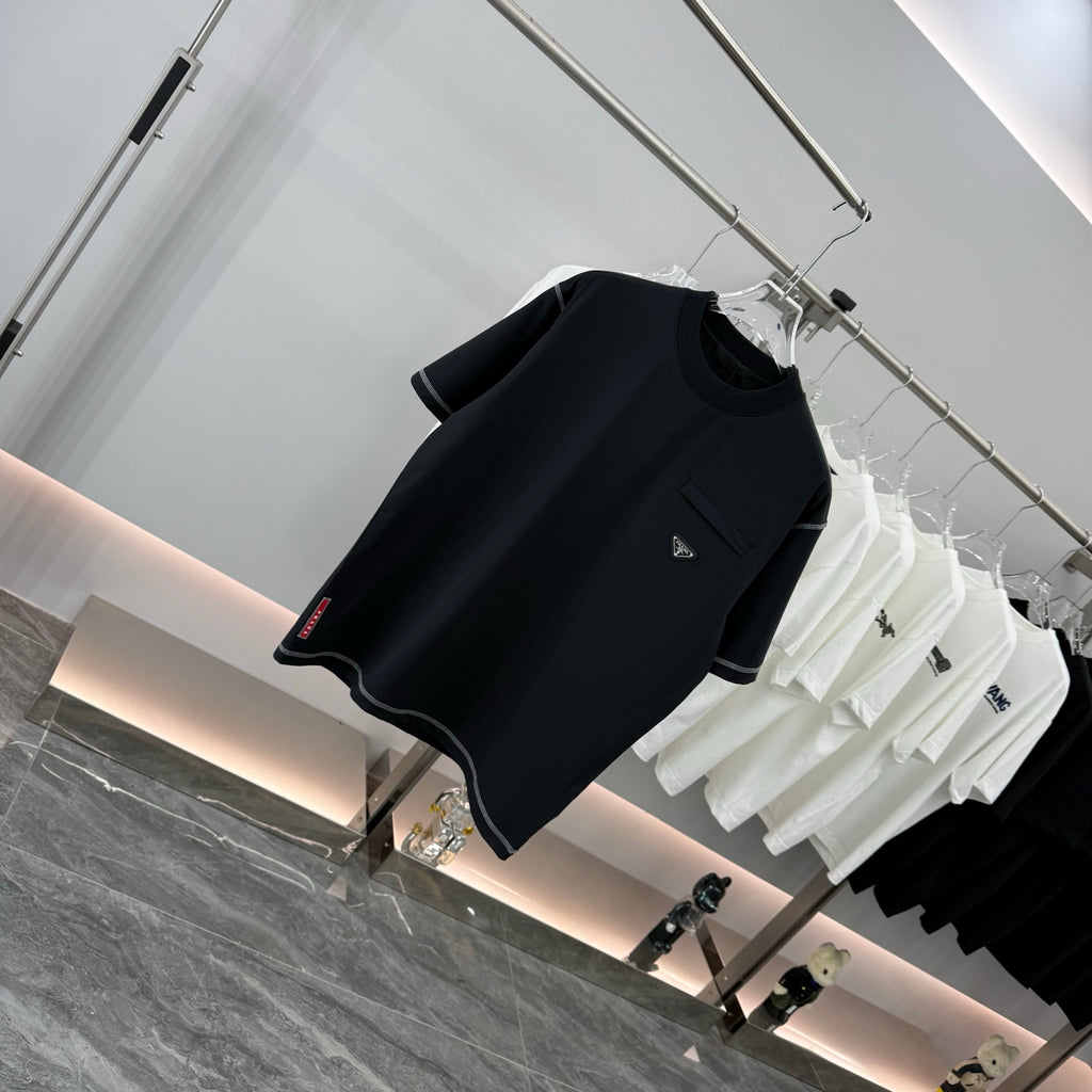 Prada short-sleeve T-shirt, dark navy, crew neck, chest pocket, logo on front