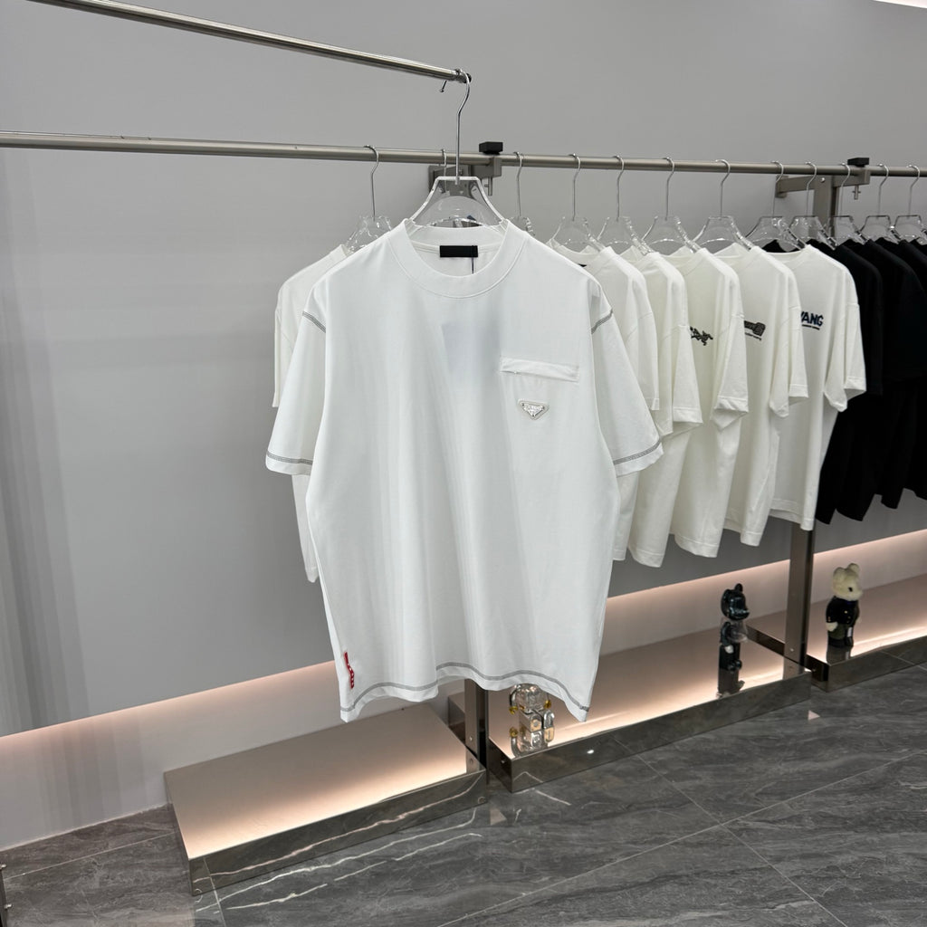 White short-sleeve T-shirt with crew neck and chest pocket on a display hanger