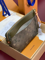Louis Vuitton small monogram bag with tan handle and zip closure
