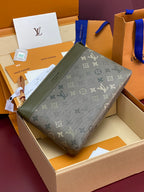 Louis Vuitton small monogram shoulder bag, dark olive green, front view in box