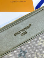 Louis Vuitton monogram bag close-up of embossed brand name and stitched trim