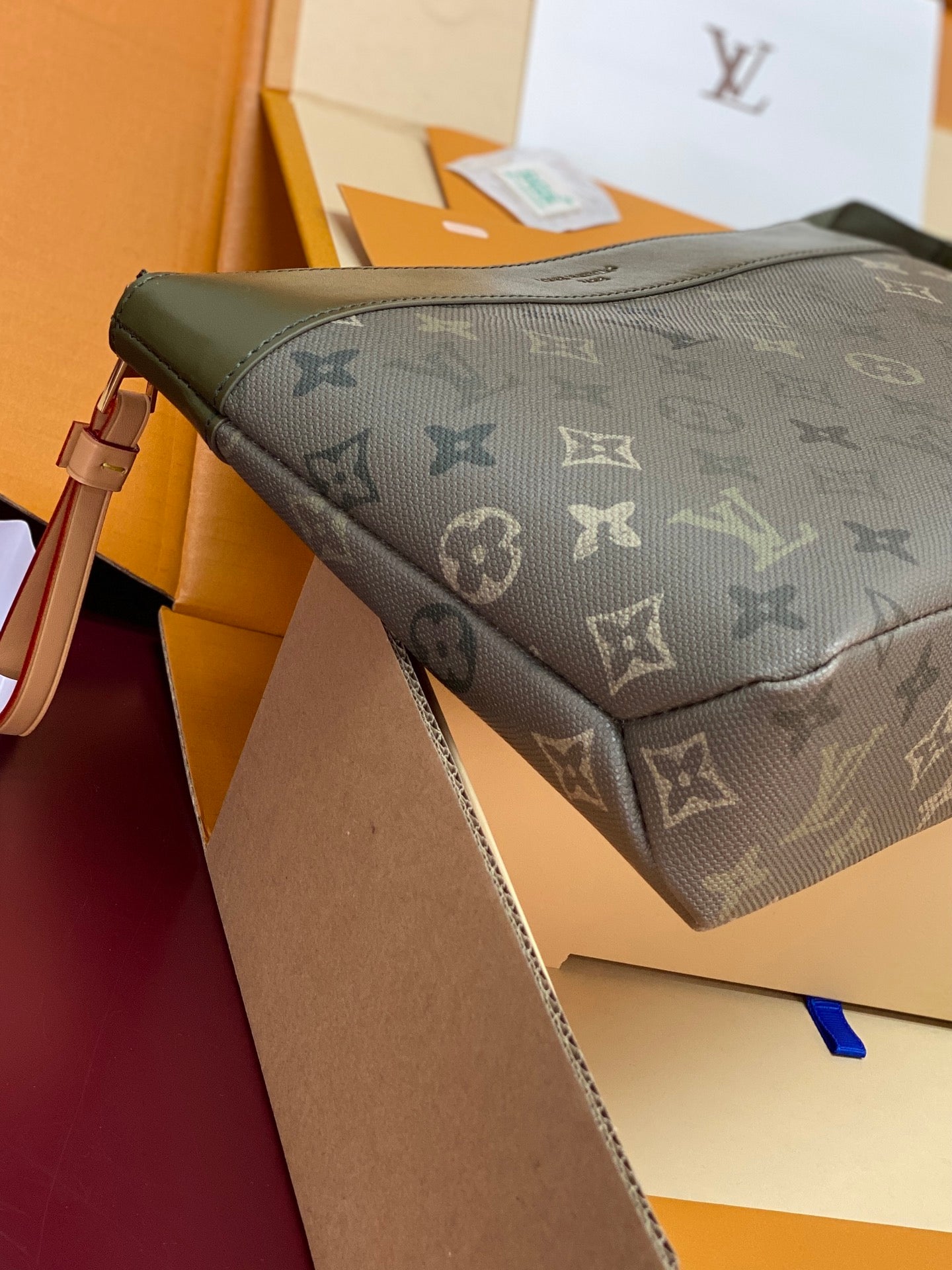 Louis Vuitton small monogram shoulder bag in dark olive green with strap and zip