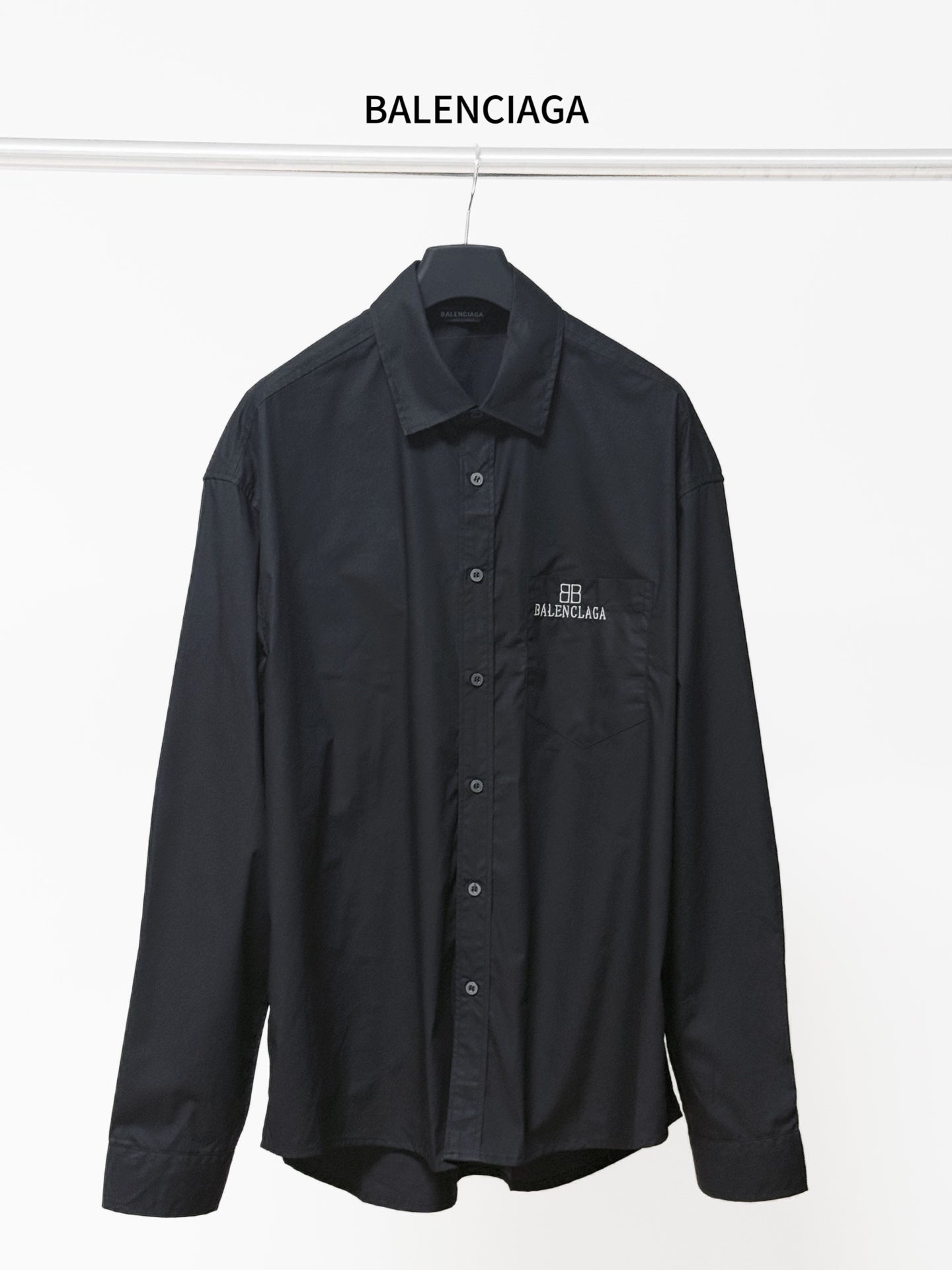 Dark long-sleeve button-up shirt with point collar, button front, BALENCIAGA logo