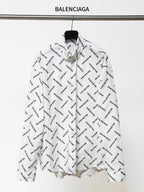 White long-sleeve button-up shirt with black Balenciaga logo allover print