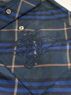 Navy plaid shorts embroidered patch detail on front panel, blue and tan grid