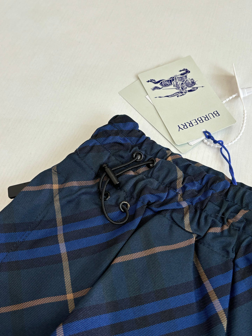 Navy plaid shorts waistband with drawstring and metal eyelets, with attached tags