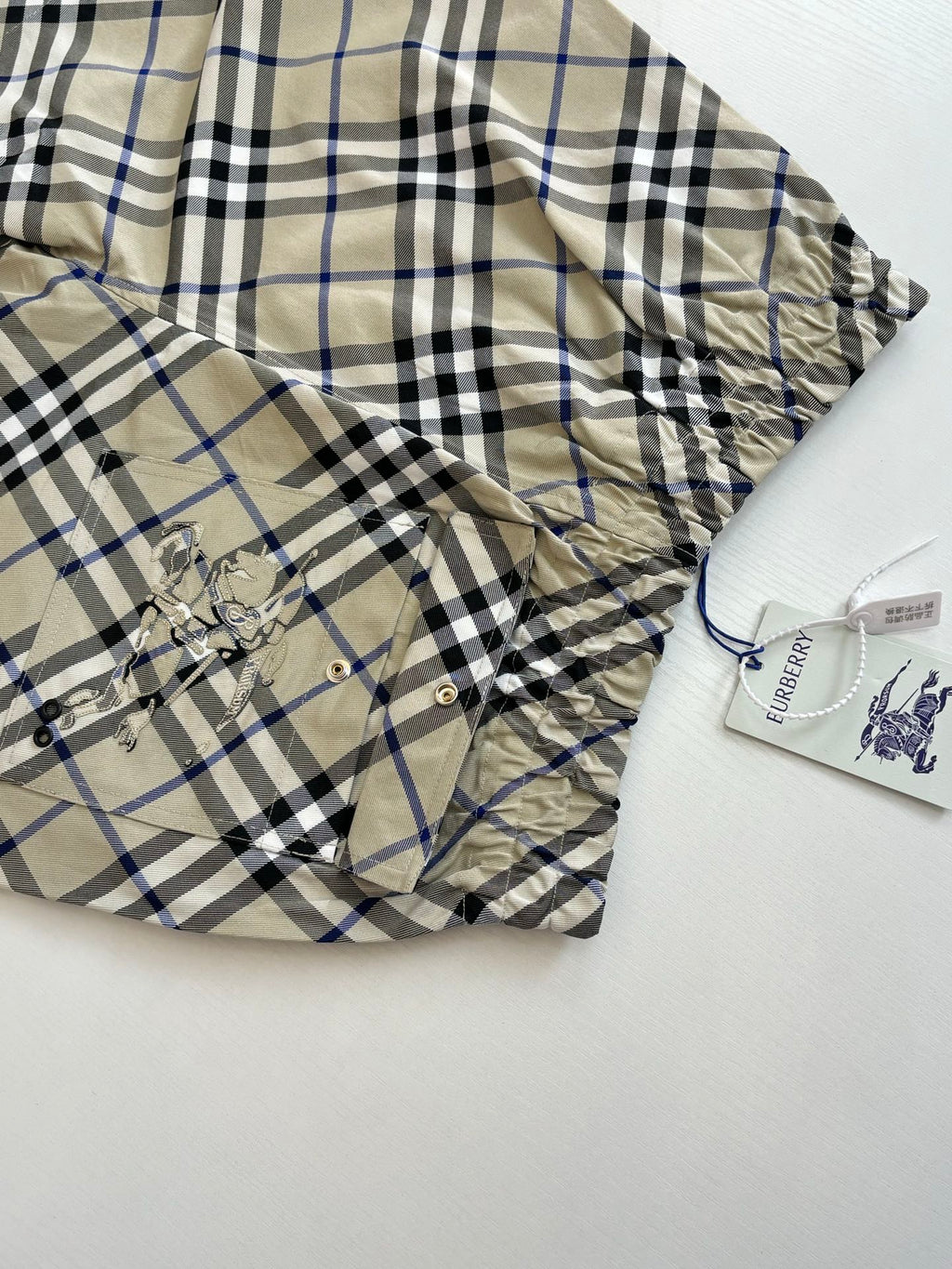 Plaid pants front detail, embroidered emblem and metal buttons, beige blue and black checks