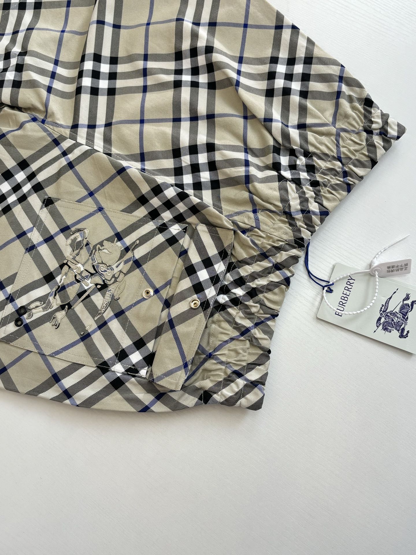 Plaid pants front detail, embroidered emblem and metal buttons, beige blue and black checks