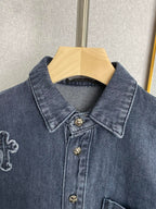 Denim jacket pointed collar, button placket, and small embroidered crosses