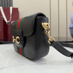 Gucci crossbody bag back angle in black leather with green-red stripe and gold charm hardware