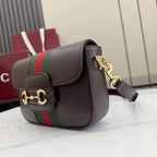 Dark brown leather shoulder bag with Web stripe, gold clasp and chain strap