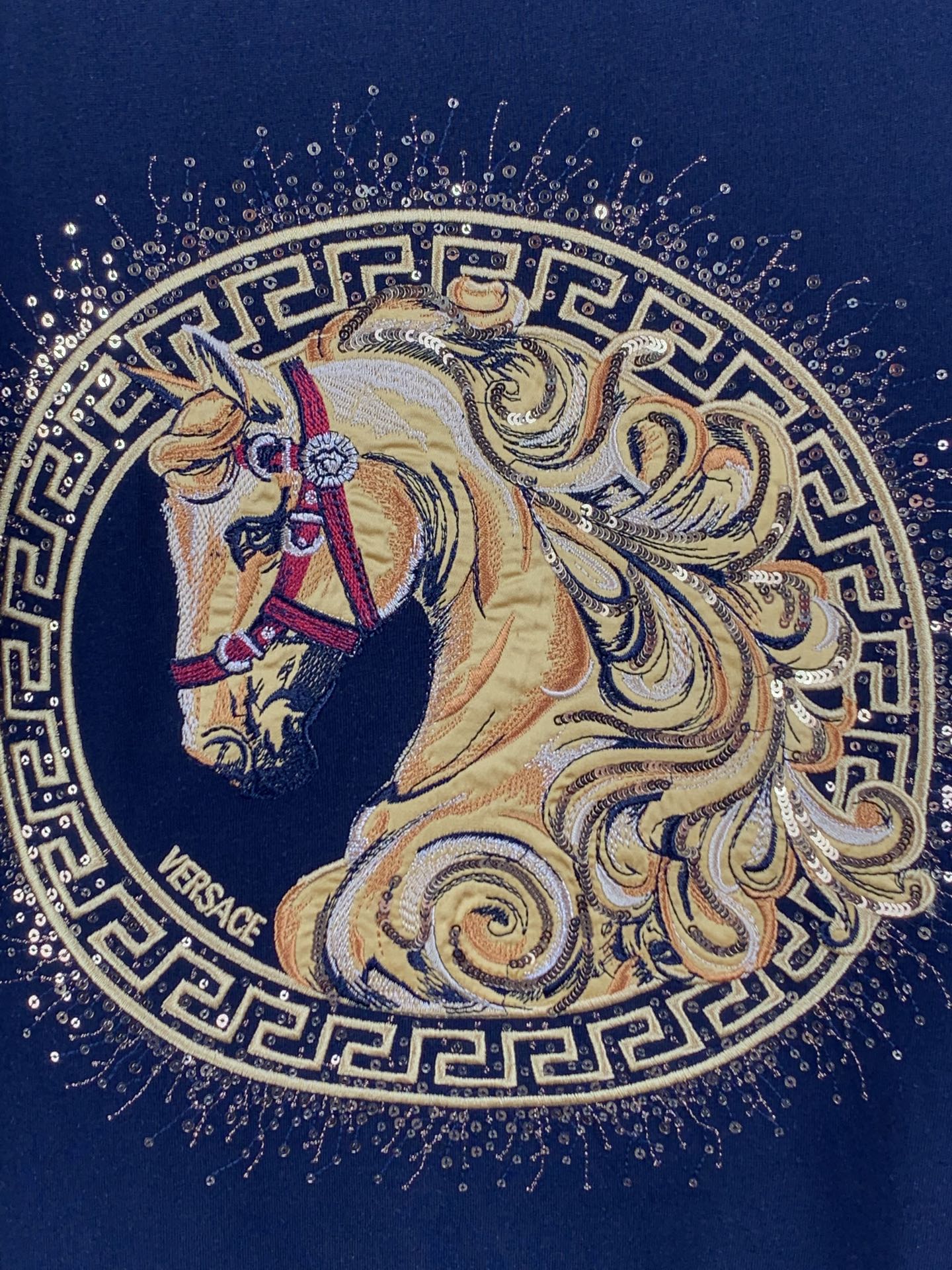 Embroidered circular horse graphic with laurel border on dark fabric
