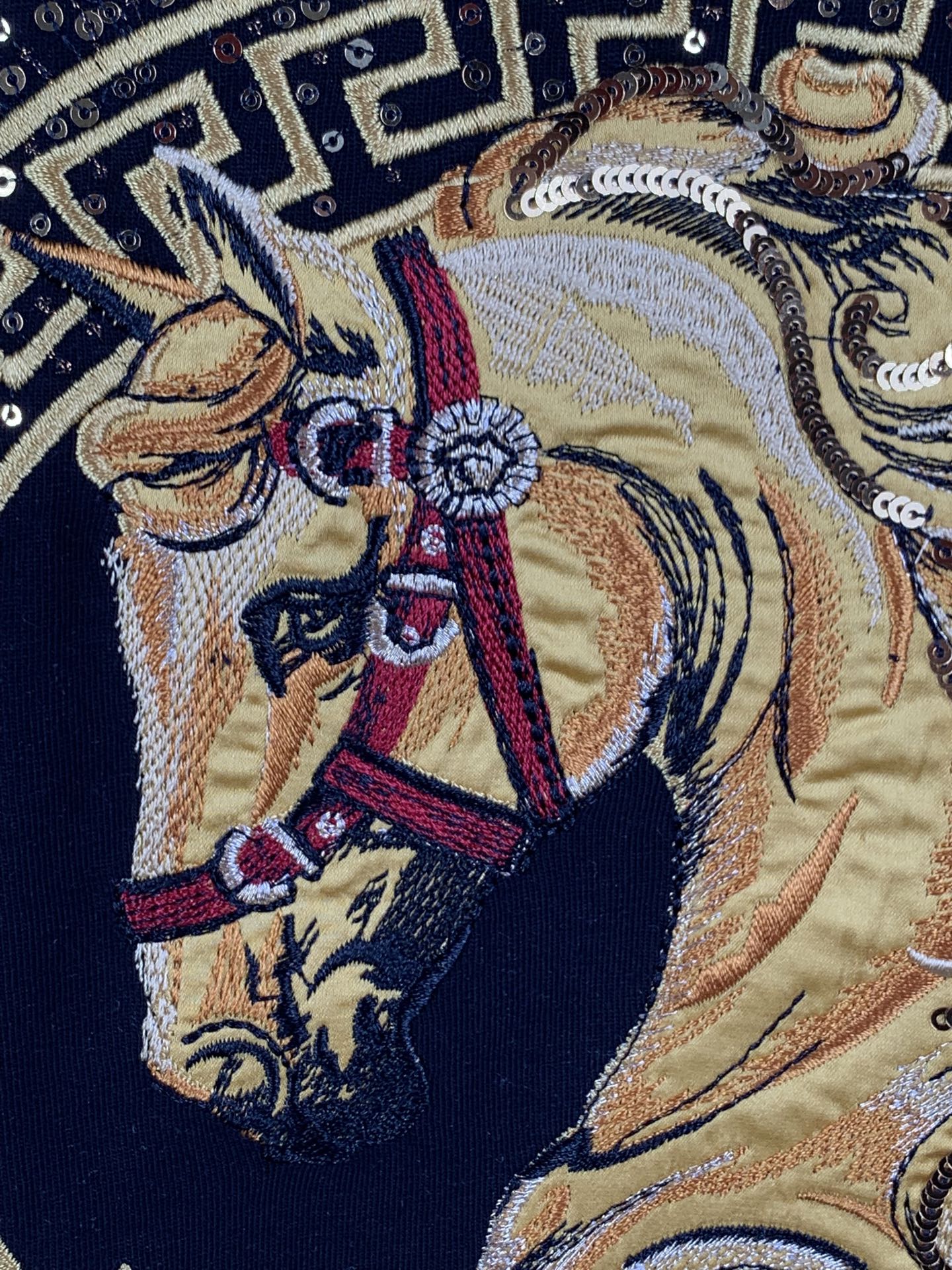 Embroidered horse graphic on dark fabric with gold and multicolor details